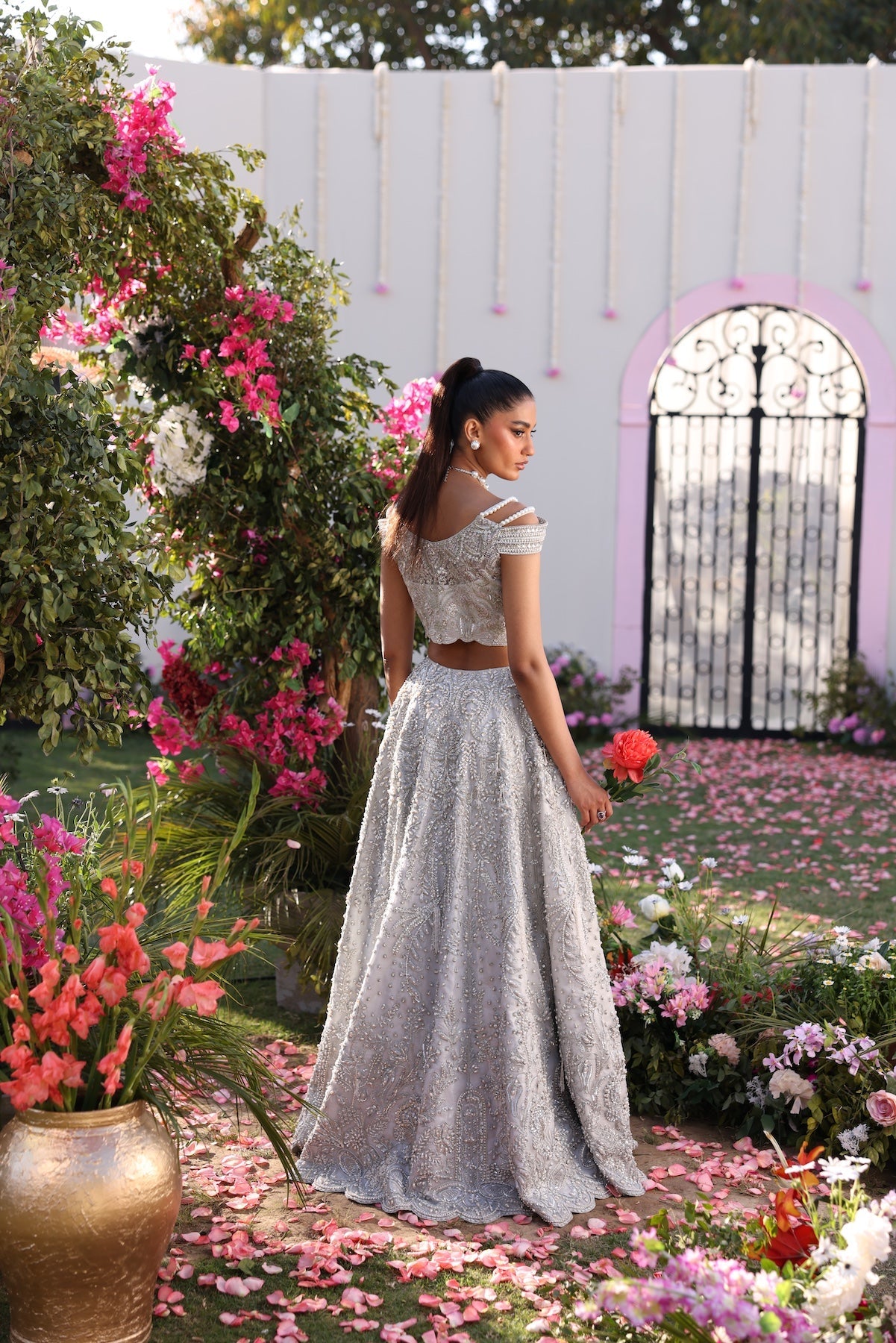 Model wearing silver embellished formal dress from Mysie By Tahira's Mia, Pakistani Luxury pret available online in UK.