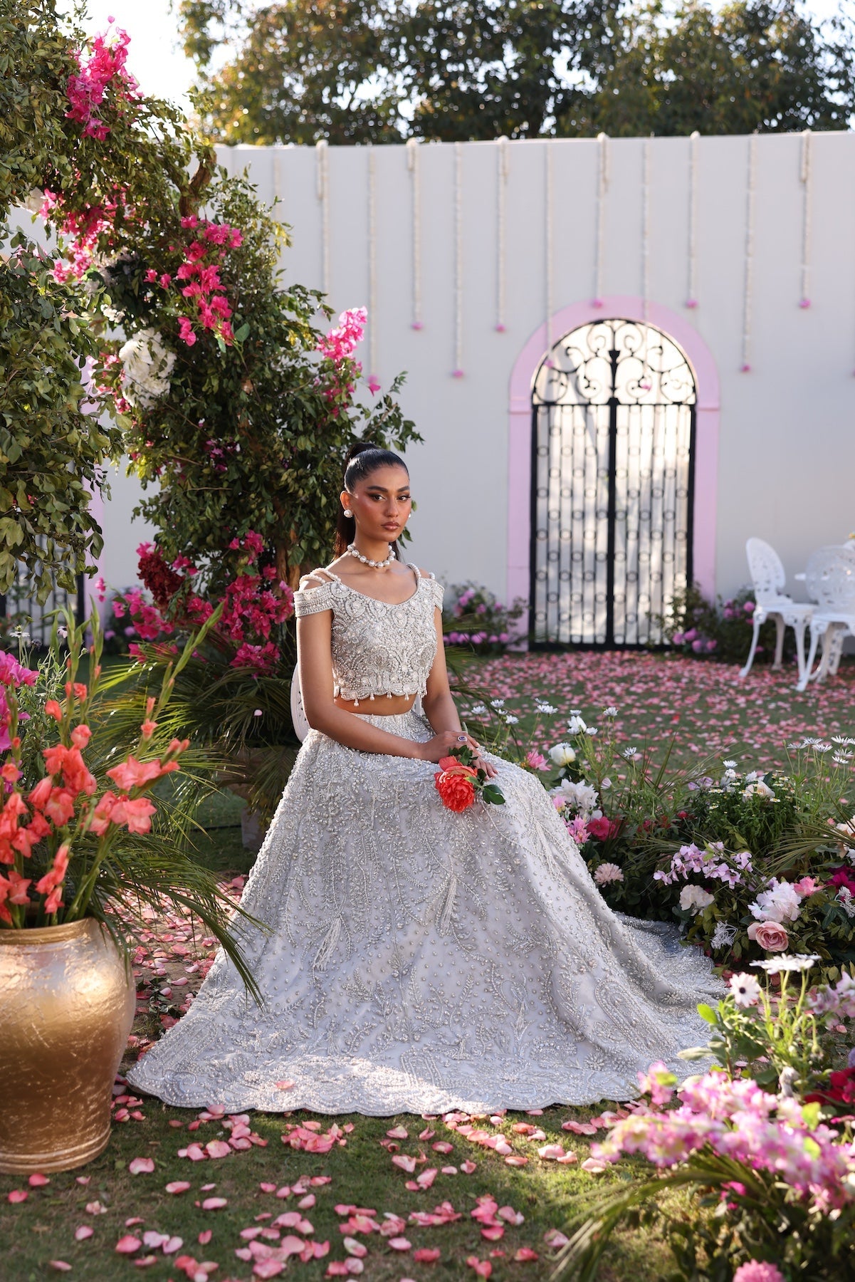 Model wearing silver embellished formal dress from Mysie By Tahira's Mia, Pakistani Luxury pret available online in UK.
