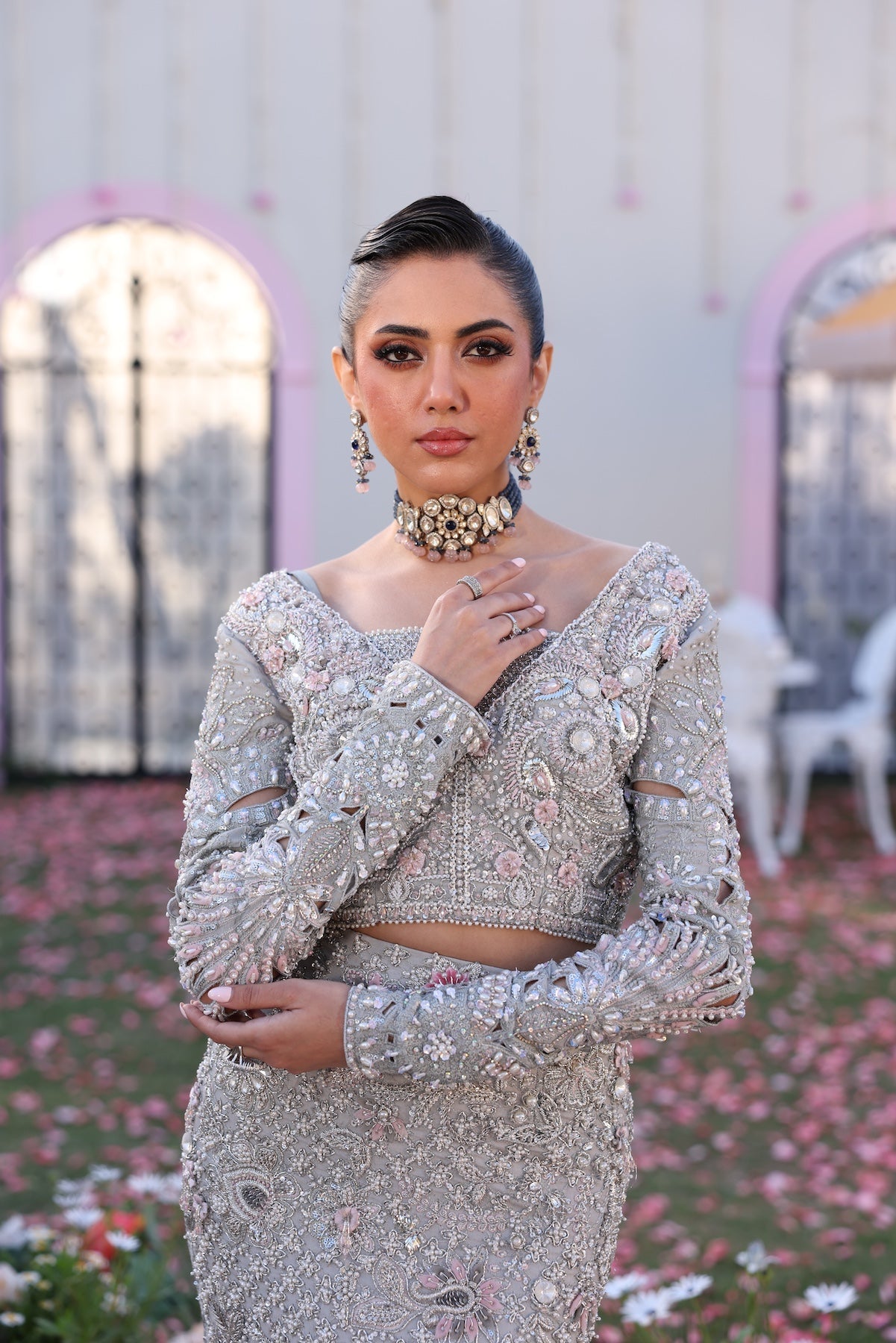 Model wearing silver embellished bridal dress Roshmi from Mysie By Tahira Wedding Edits '25, Pakistani luxury pret online in UK.
