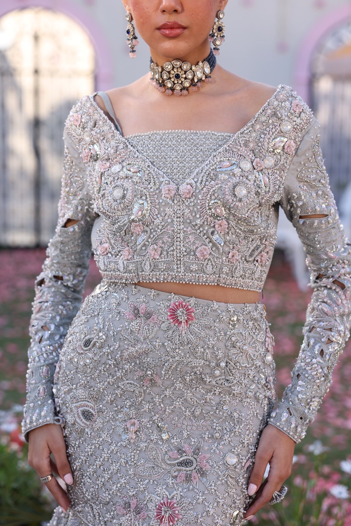 Model wearing silver embellished bridal dress Roshmi from Mysie By Tahira Wedding Edits '25, Pakistani luxury pret online in UK.