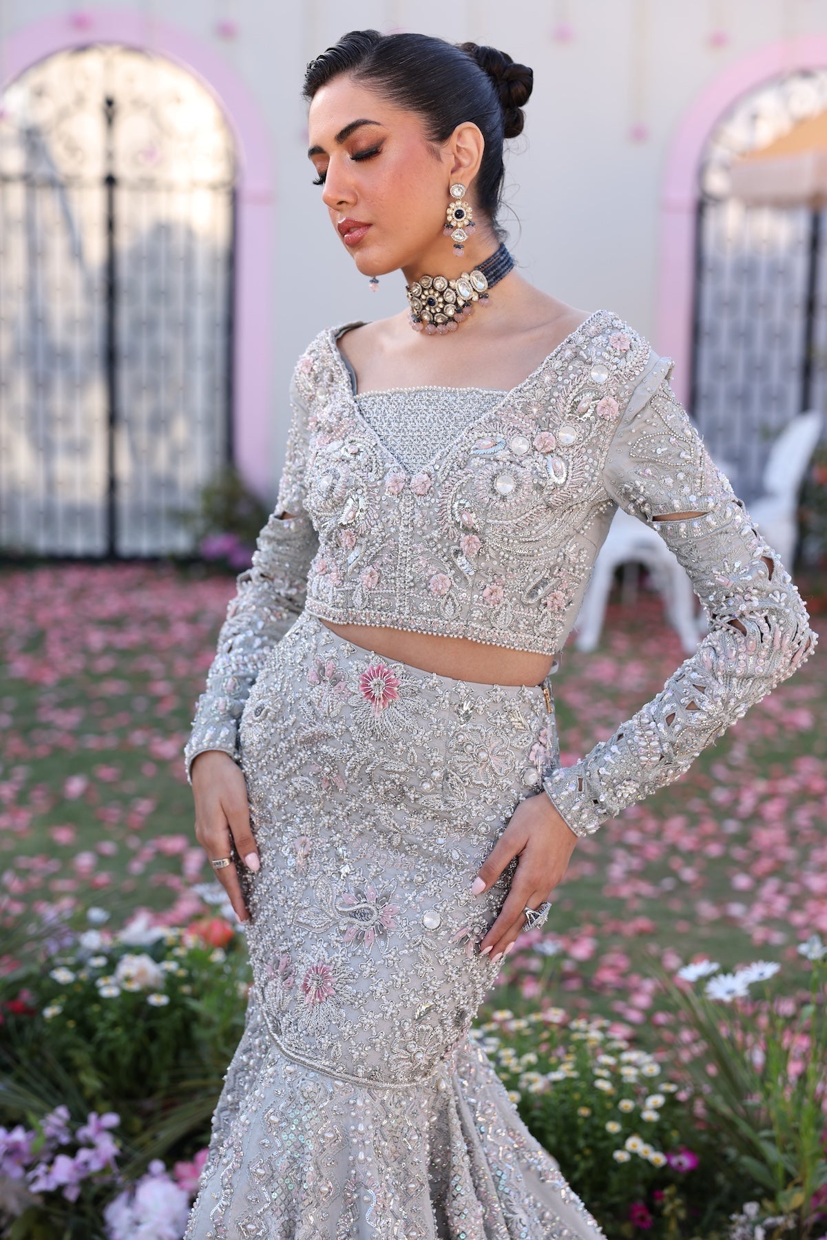 Model wearing silver embellished bridal dress Roshmi from Mysie By Tahira Wedding Edits '25, Pakistani luxury pret online in UK.