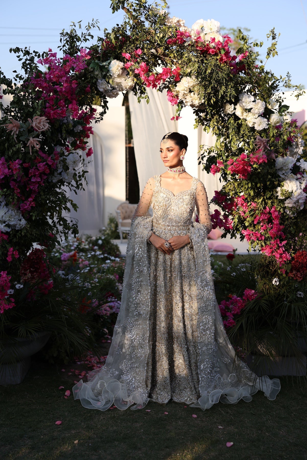 Model wearing silver embellished bridal gown from Mysie By Tahira’s Catherina design, Pakistani luxury pret and clothes online in UK.