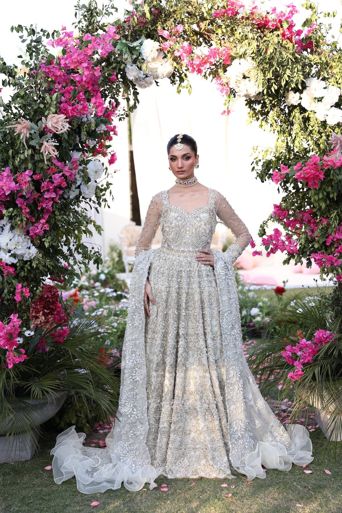 Model wearing silver embellished bridal gown from Mysie By Tahira’s Catherina design, Pakistani luxury pret and clothes online in UK.