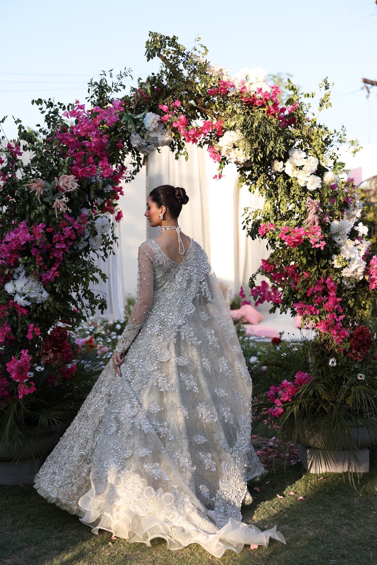 Model wearing silver embellished bridal gown from Mysie By Tahira’s Catherina design, Pakistani luxury pret and clothes online in UK.