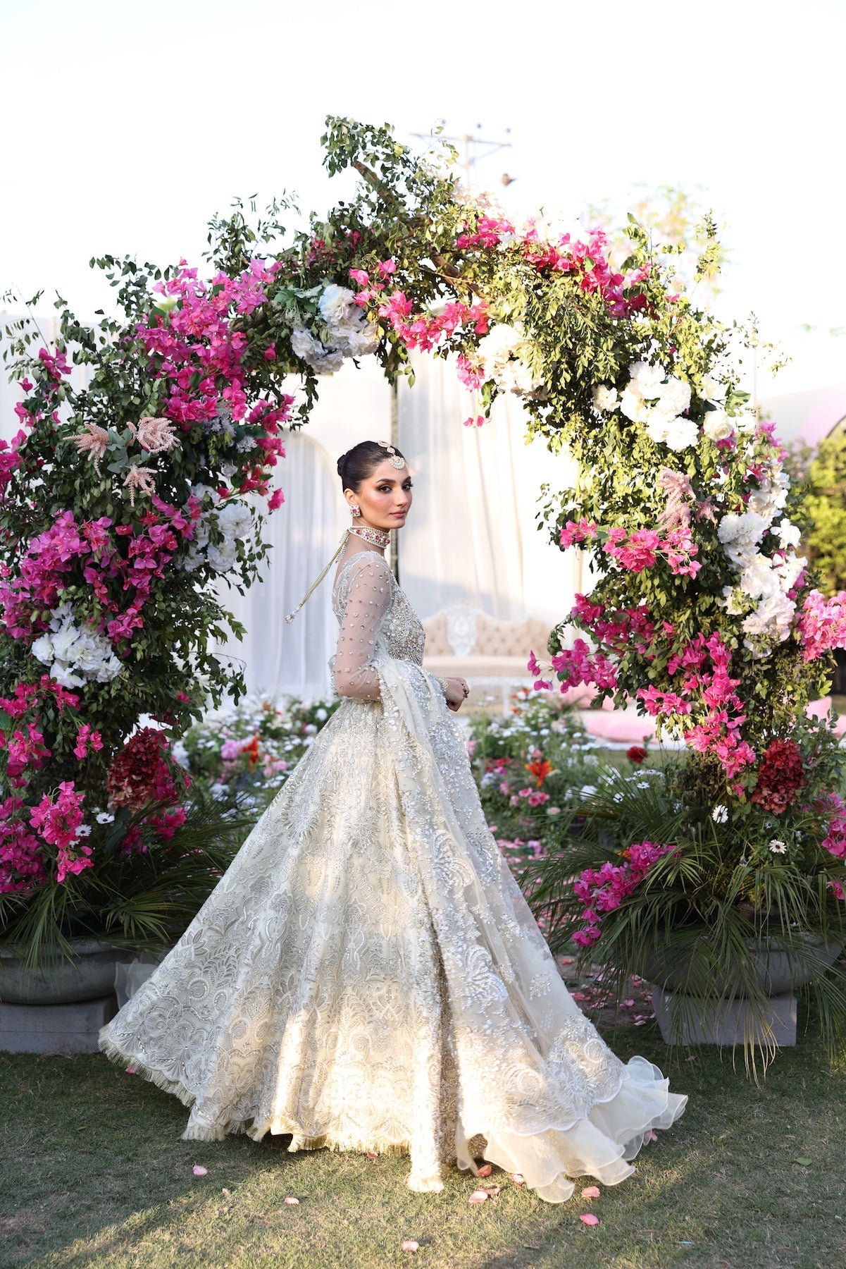 Model wearing silver embellished bridal gown from Mysie By Tahira’s Catherina design, Pakistani luxury pret and clothes online in UK.