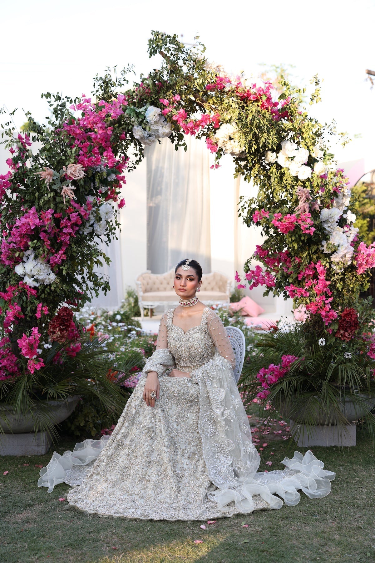 Model wearing silver embellished bridal gown from Mysie By Tahira’s Catherina design, Pakistani luxury pret and clothes online in UK.