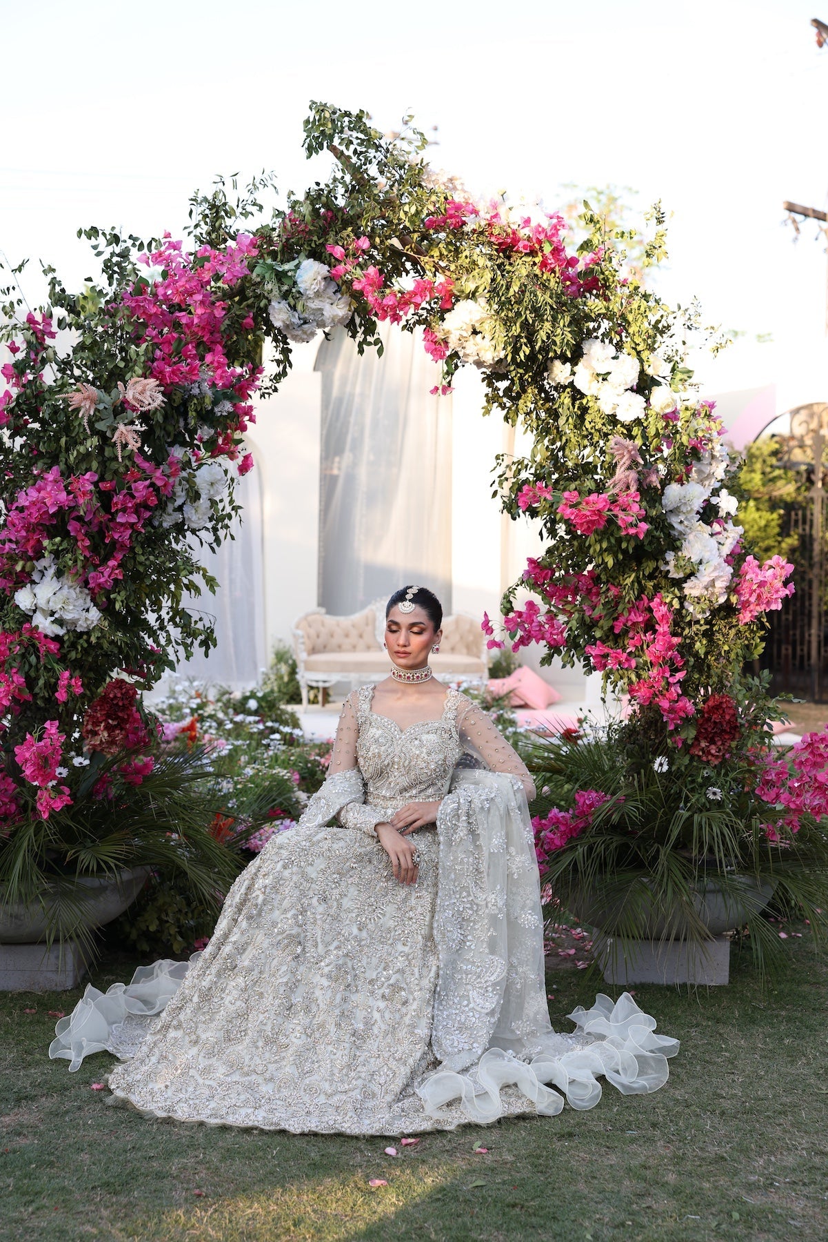 Model wearing silver embellished bridal gown from Mysie By Tahira’s Catherina design, Pakistani luxury pret and clothes online in UK.