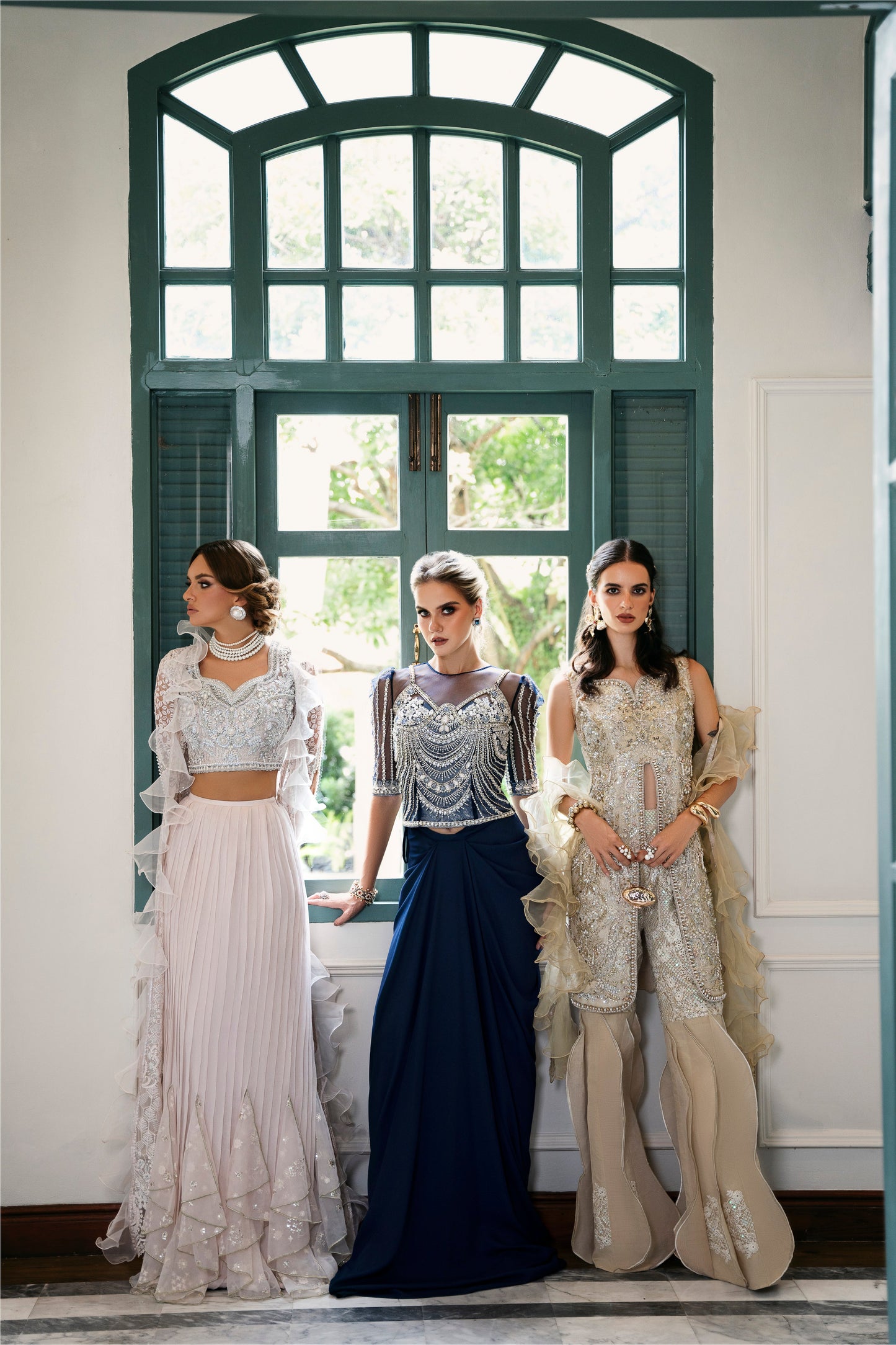 Model wearing Fifi from Mysie by Tahira, a beige embellished outfit with flared pants, perfect for Pakistani luxury pret in the UK.