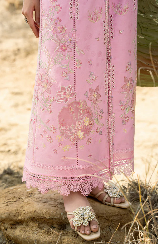 Model wearing blush pink embroidered dress with delicate mirror work and lace detailing from Soraya Noa Summer Casual Pret 2025 Chloe. Pakistani clothes online UK.v