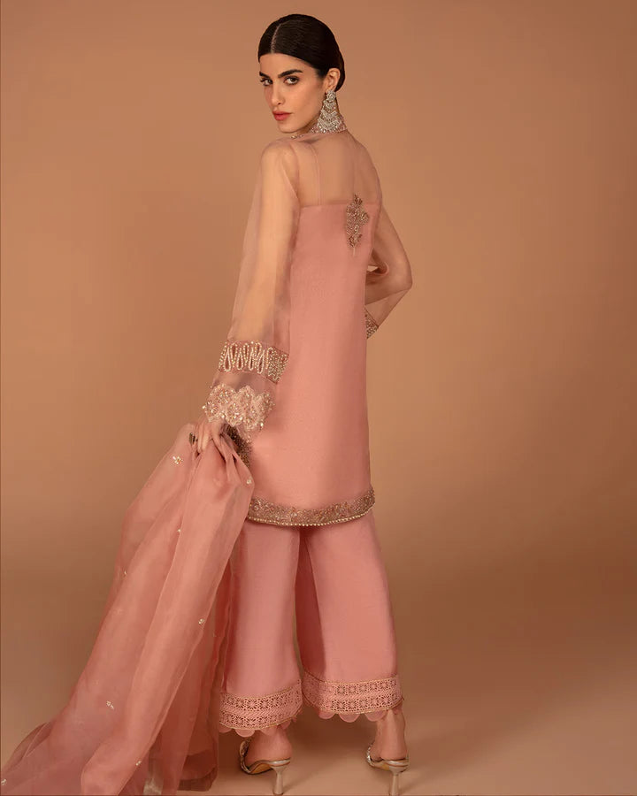 Model wearing a peach Auset dress with intricate silver embroidery from Faiza Saqlain's Aleira Evening Edit '24 collection. Pakistani clothes online in UK.