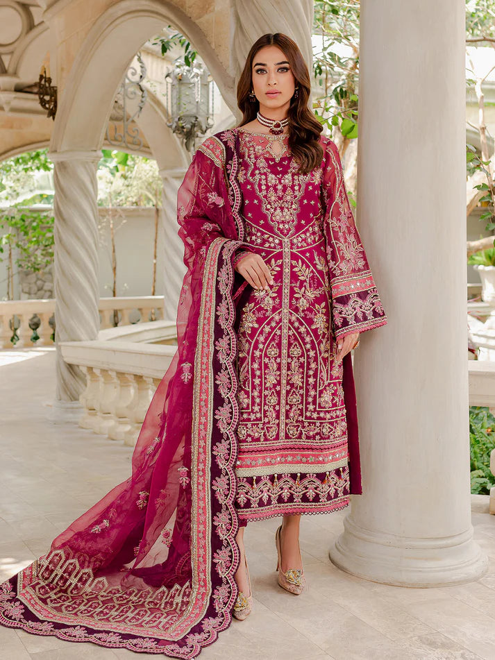 Model wearing deep magenta Orissa GL-LP-V1-03 from Gulaal, intricately embroidered Pakistani luxury pret—shop Gulaal clothes online in UK.