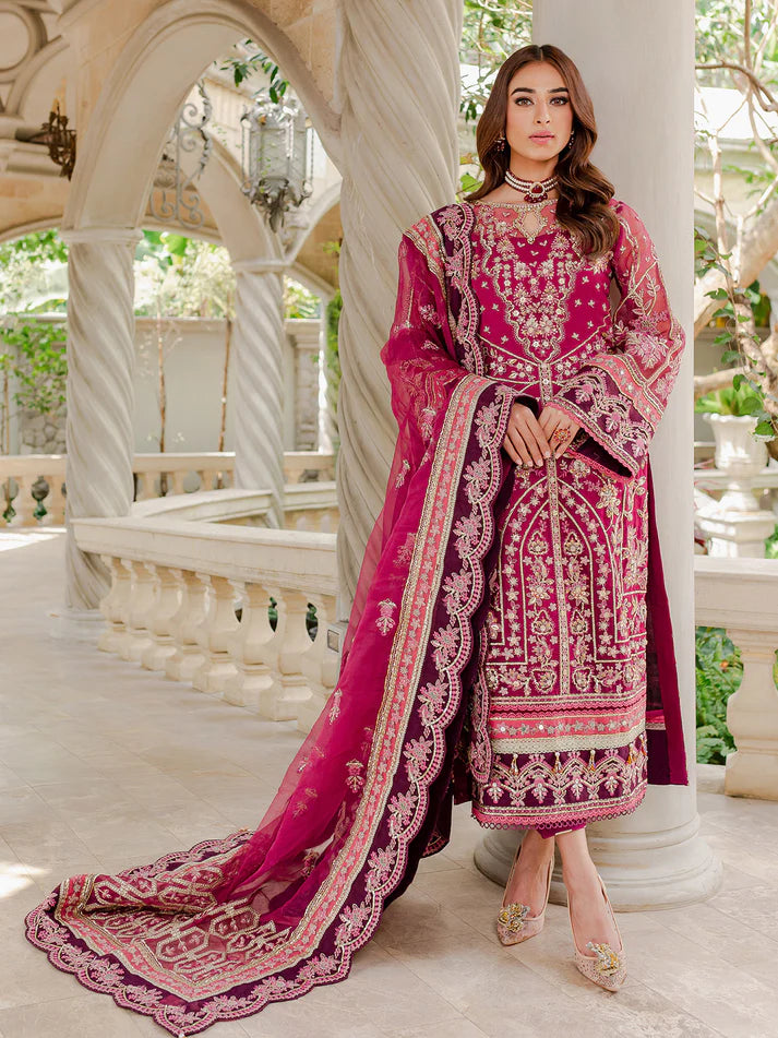 Model wearing deep magenta Orissa GL-LP-V1-03 from Gulaal, intricately embroidered Pakistani luxury pret—shop Gulaal clothes online in UK.
