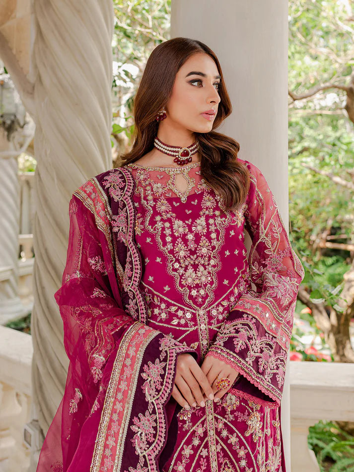 Model wearing deep magenta Orissa GL-LP-V1-03 from Gulaal, intricately embroidered Pakistani luxury pret—shop Gulaal clothes online in UK.