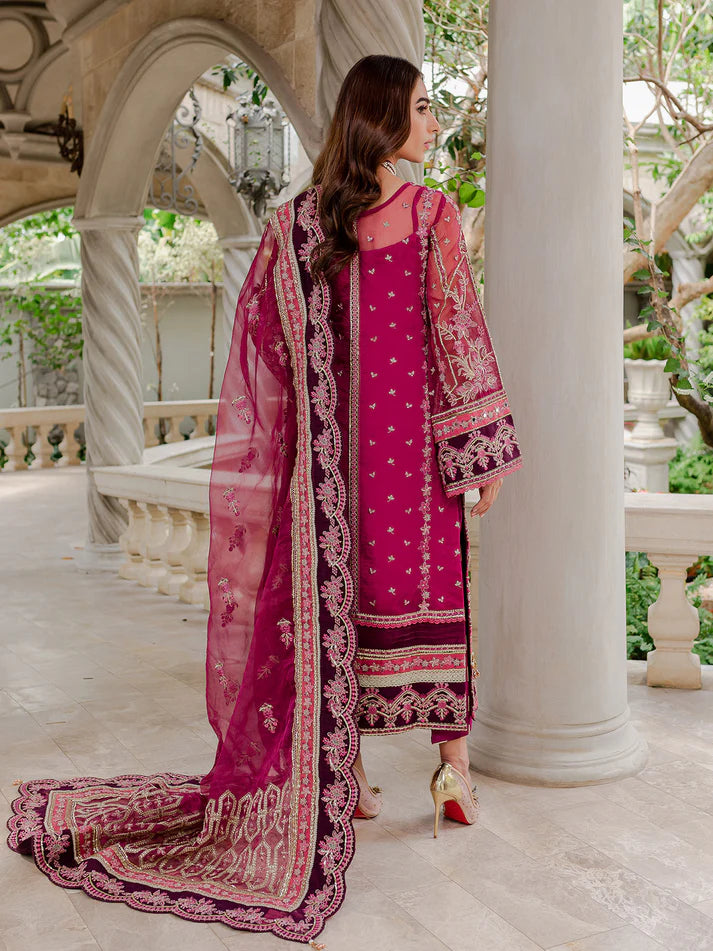 Model wearing deep magenta Orissa GL-LP-V1-03 from Gulaal, intricately embroidered Pakistani luxury pret—shop Gulaal clothes online in UK.