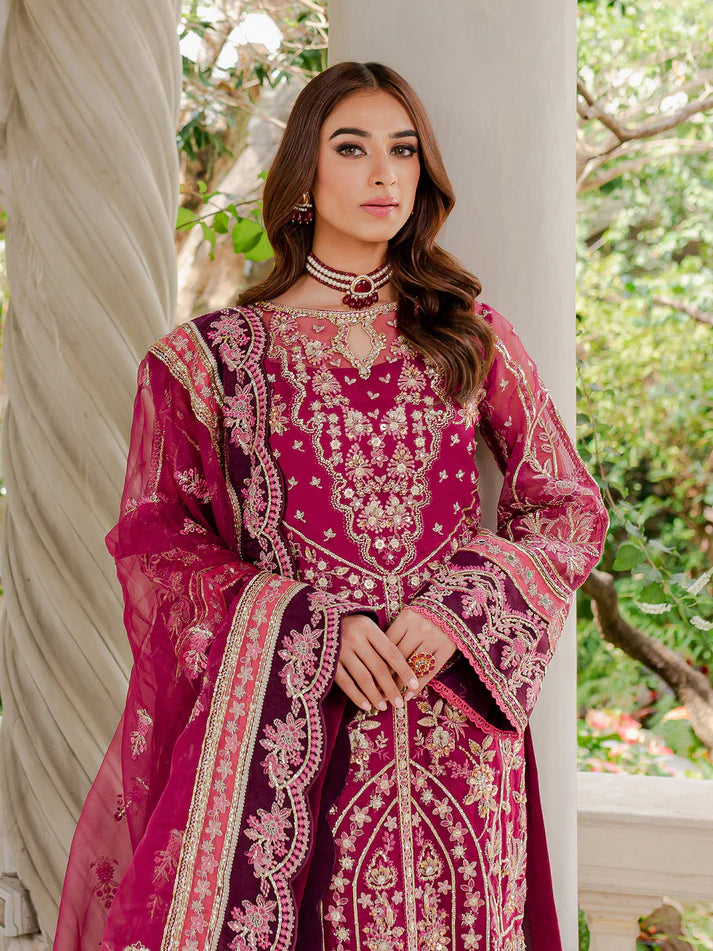 Model wearing deep magenta Orissa GL-LP-V1-03 from Gulaal, intricately embroidered Pakistani luxury pret—shop Gulaal clothes online in UK.
