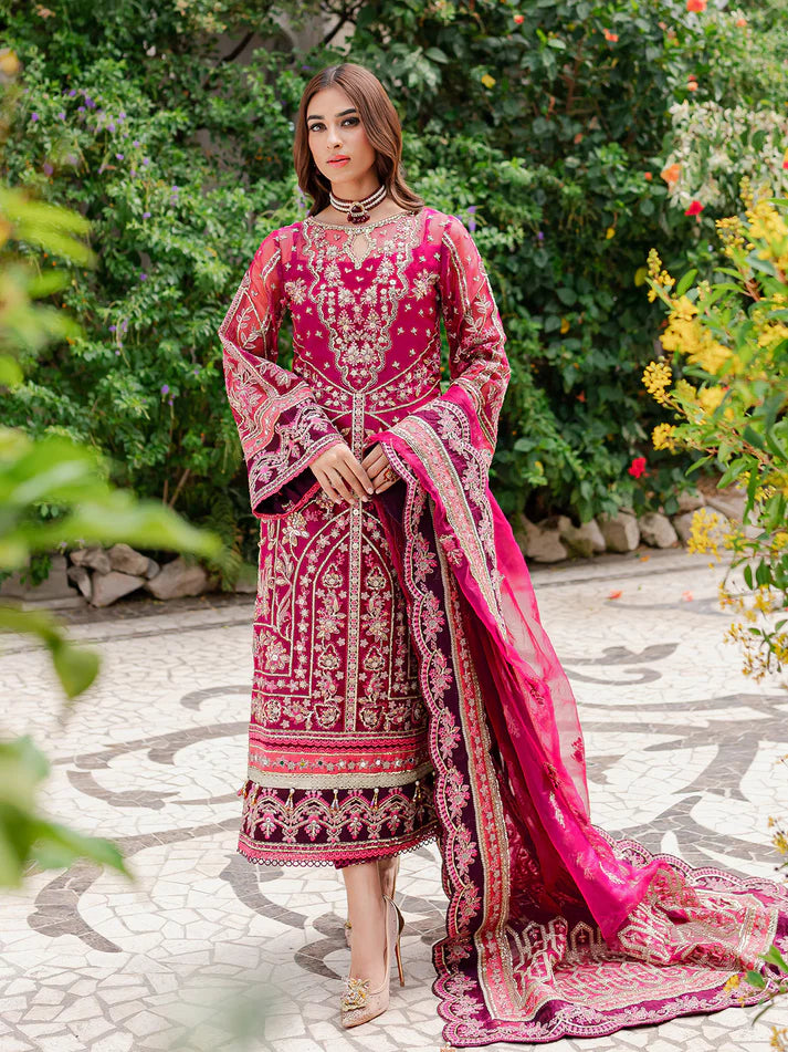 Model wearing deep magenta Orissa GL-LP-V1-03 from Gulaal, intricately embroidered Pakistani luxury pret—shop Gulaal clothes online in UK.
