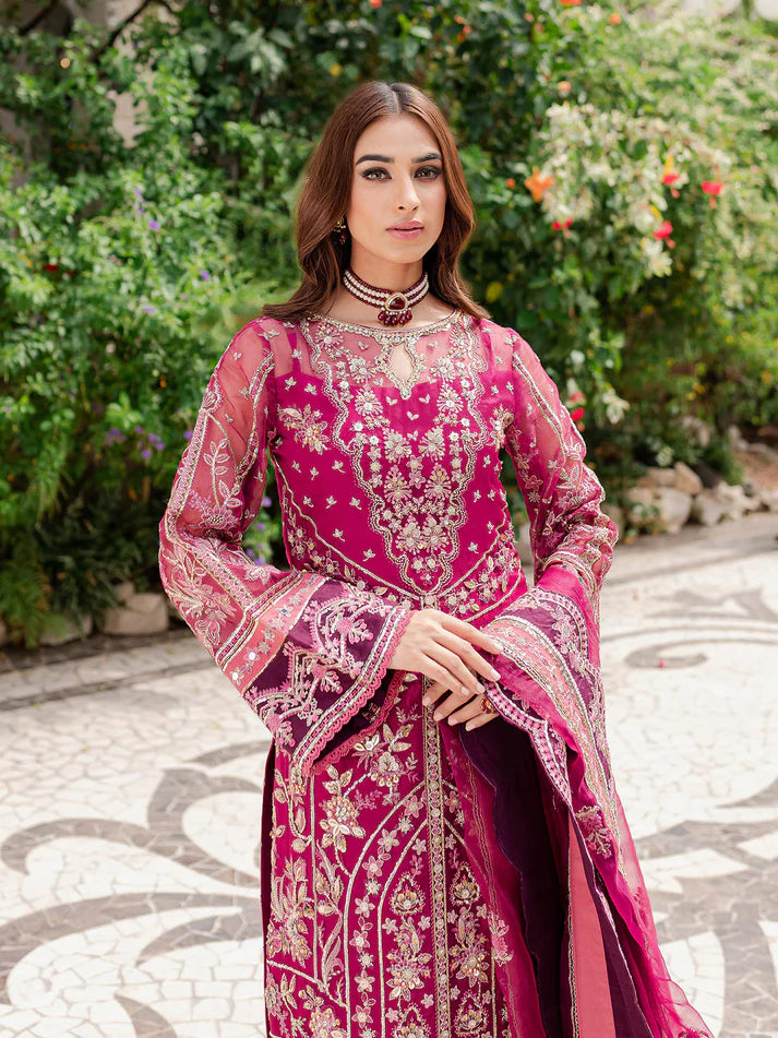 Model wearing deep magenta Orissa GL-LP-V1-03 from Gulaal, intricately embroidered Pakistani luxury pret—shop Gulaal clothes online in UK.