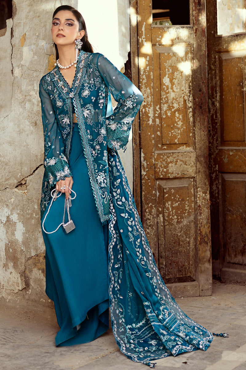Model wearing soft lilac embroidered chiffon dress WC-04 NESSA from Qalamkar, ideal Pakistani luxury pret for Pakistani clothes online in UK.