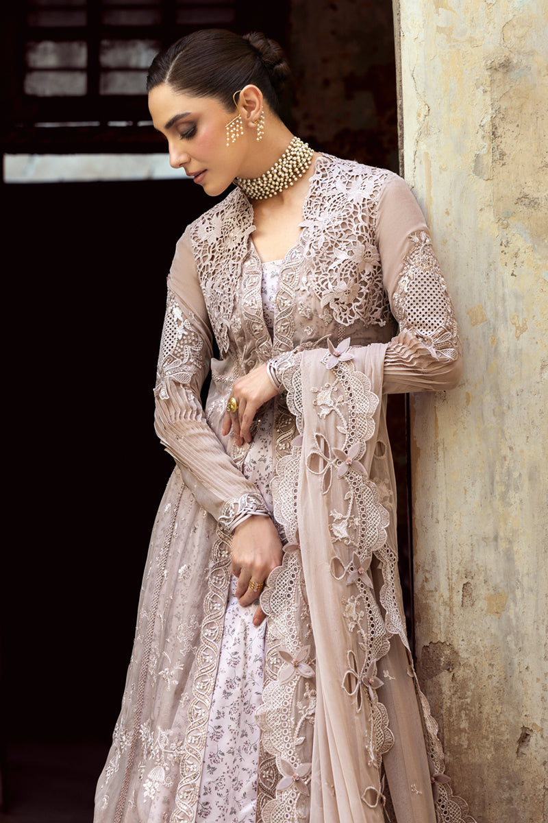 Model wearing soft mauve chiffon outfit WC-01 AISLA from Qalamkar, showcasing Pakistani luxury pret and Pakistani clothes online in UK.