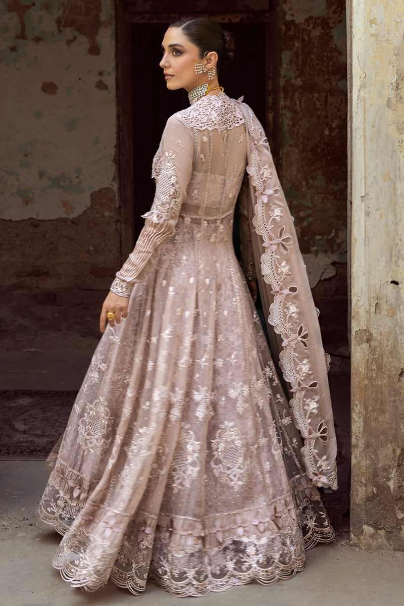 Model wearing soft mauve chiffon outfit WC-01 AISLA from Qalamkar, showcasing Pakistani luxury pret and Pakistani clothes online in UK.