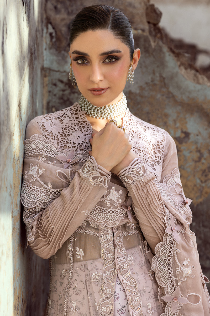 Model wearing soft mauve chiffon outfit WC-01 AISLA from Qalamkar, showcasing Pakistani luxury pret and Pakistani clothes online in UK.