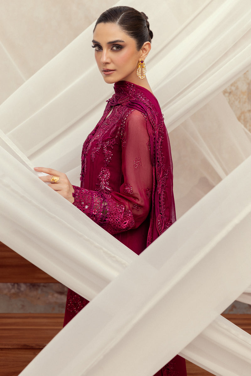 Model wearing deep magenta chiffon outfit WC-02 SIOFE from Qalamkar, ideal for Pakistani luxury pret and Pakistani clothes online in UK.