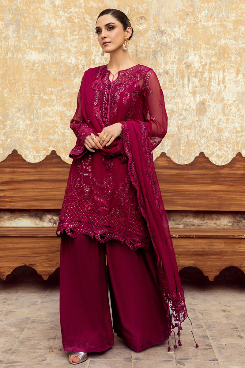 Model wearing deep magenta chiffon outfit WC-02 SIOFE from Qalamkar, ideal for Pakistani luxury pret and Pakistani clothes online in UK.