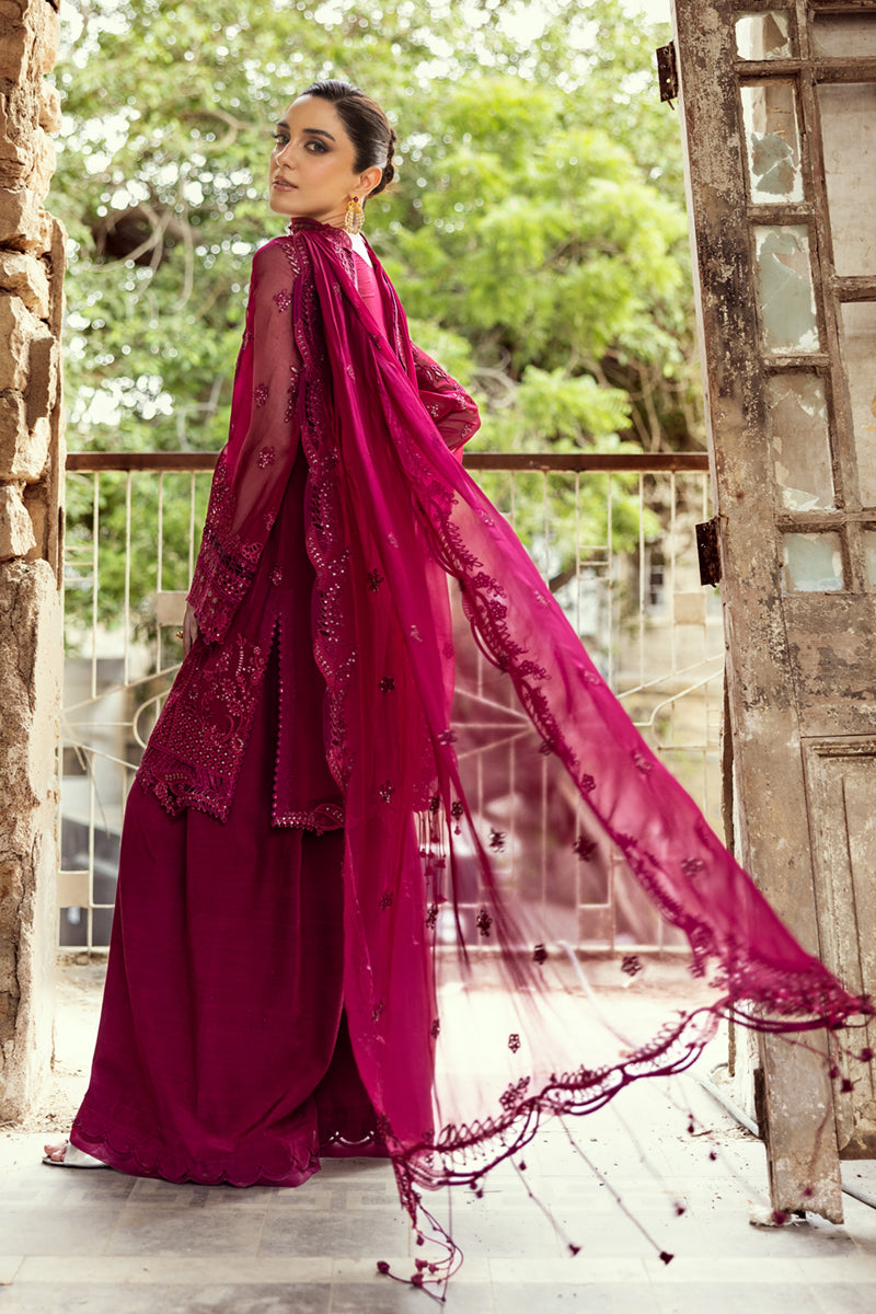 Model wearing deep magenta chiffon outfit WC-02 SIOFE from Qalamkar, ideal for Pakistani luxury pret and Pakistani clothes online in UK.