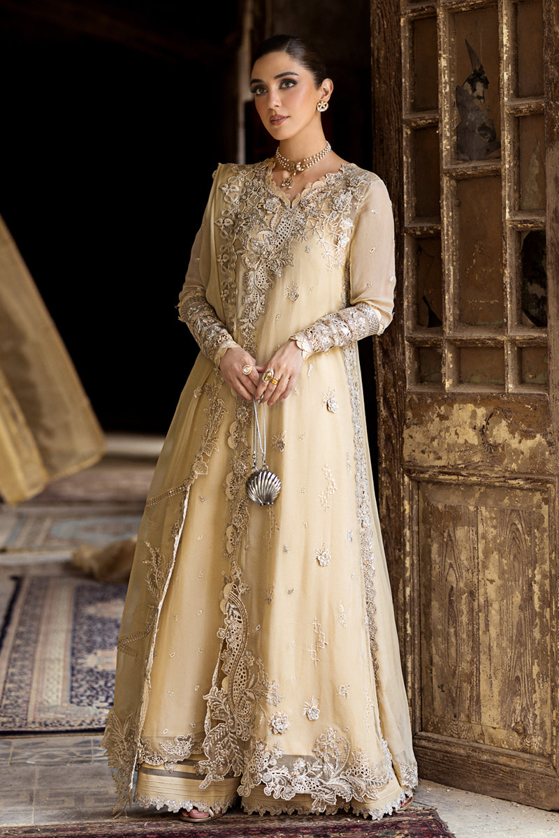 Model wearing deep red embroidered chiffon dress WC-07 HEELA from Qalamkar, Pakistani luxury pret available online in UK.