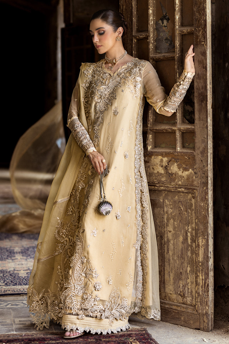 Model wearing deep red embroidered chiffon dress WC-07 HEELA from Qalamkar, Pakistani luxury pret available online in UK.