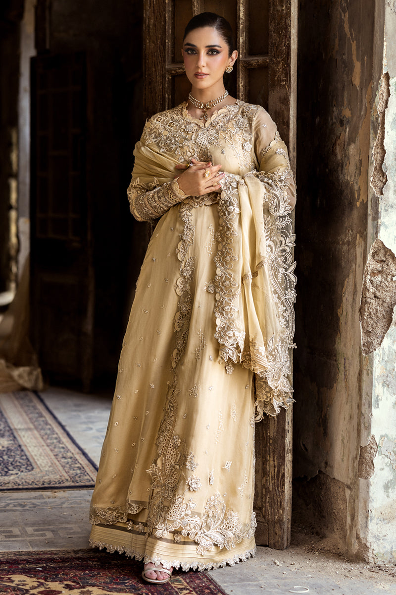Model wearing deep red embroidered chiffon dress WC-07 HEELA from Qalamkar, Pakistani luxury pret available online in UK.