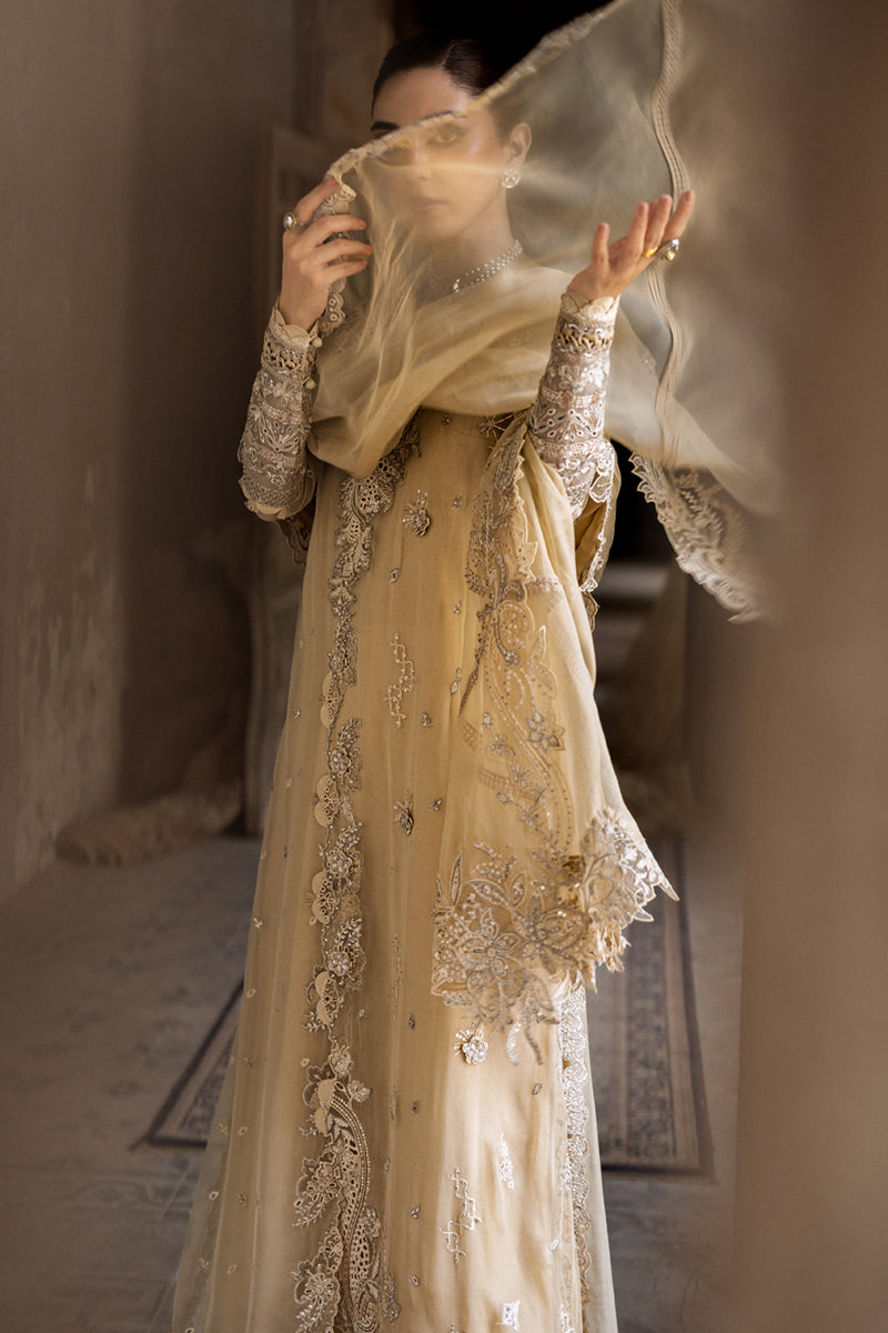 Model wearing deep red embroidered chiffon dress WC-07 HEELA from Qalamkar, Pakistani luxury pret available online in UK.