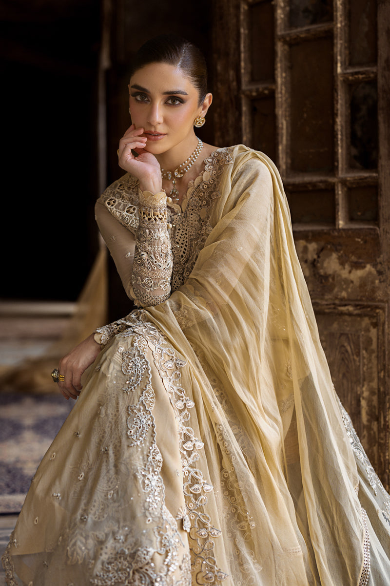 Model wearing deep red embroidered chiffon dress WC-07 HEELA from Qalamkar, Pakistani luxury pret available online in UK.
