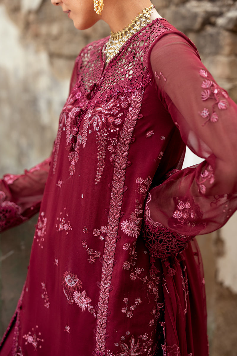 Model wearing dusty pink embroidered chiffon dress WC-06 JAYNE from Qalamkar, Pakistani luxury pret available online in UK.