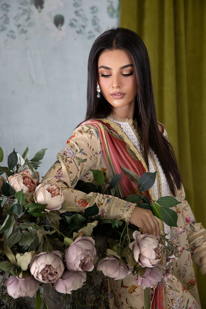 Model wearing beige floral Design 3A outfit from Sobia Nazir Vital '25 Vol. 2, Pakistani luxury pret and Pakistani clothes online in UK.