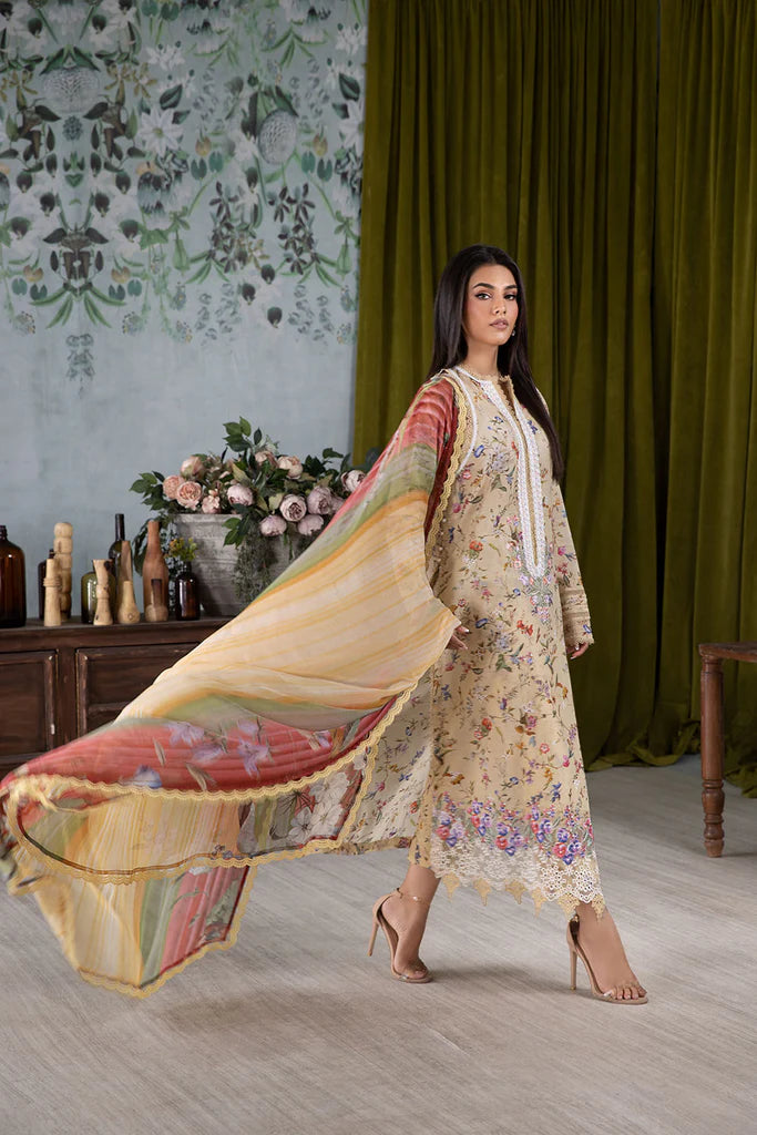 Model wearing beige floral Design 3A outfit from Sobia Nazir Vital '25 Vol. 2, Pakistani luxury pret and Pakistani clothes online in UK.