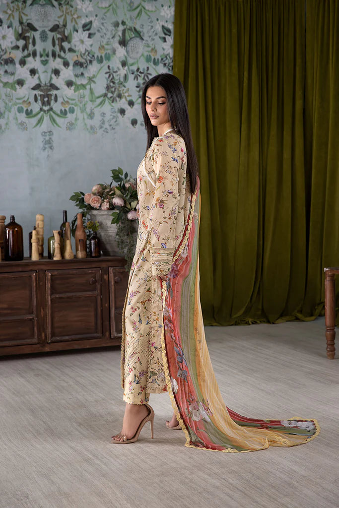 Model wearing beige floral Design 3A outfit from Sobia Nazir Vital '25 Vol. 2, Pakistani luxury pret and Pakistani clothes online in UK.