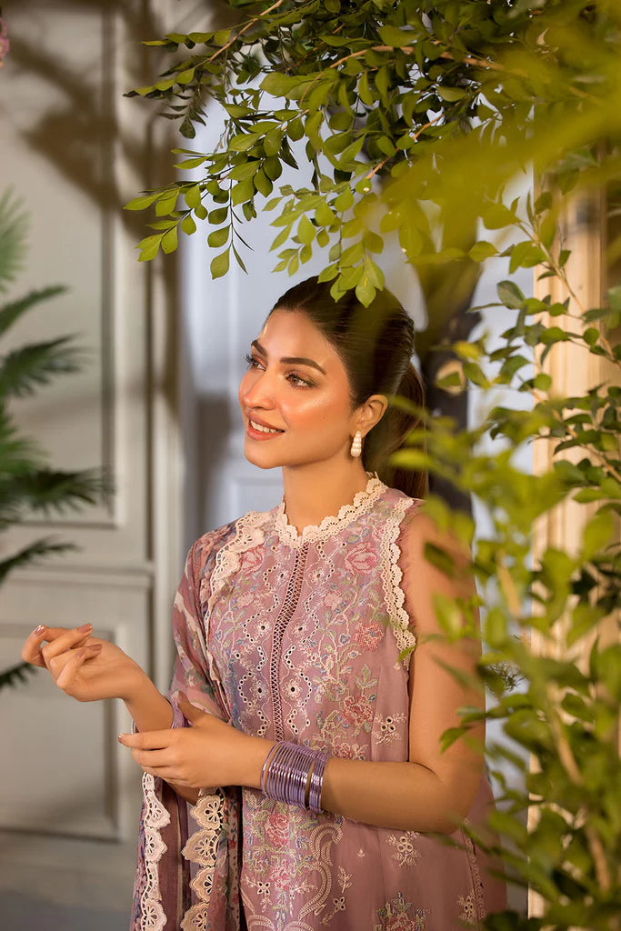 Model wearing Sobia Nazir Vital 2025 Design 3B in soft mauve with intricate embroidery. Shop Pakistani luxury pret clothes online in UK.