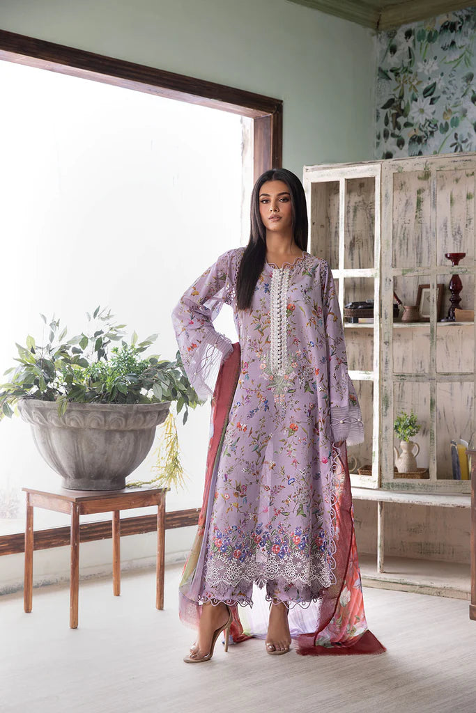 Model wearing lilac Design 3B outfit from Sobia Nazir Vital '25 Vol. 2, Pakistani luxury pret and Pakistani clothes online in UK.