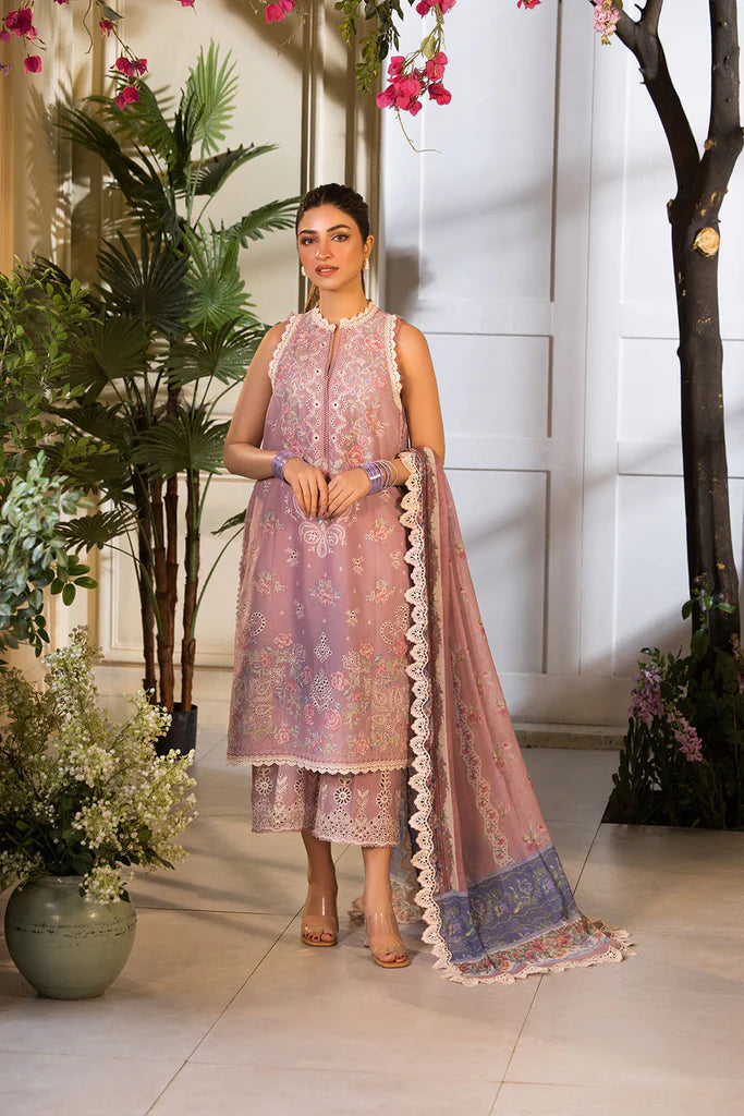 Model wearing Sobia Nazir Vital 2025 Design 3B in soft mauve with intricate embroidery. Shop Pakistani luxury pret clothes online in UK.