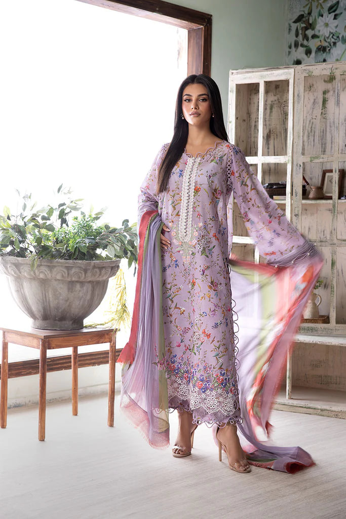 Model wearing lilac Design 3B outfit from Sobia Nazir Vital '25 Vol. 2, Pakistani luxury pret and Pakistani clothes online in UK.