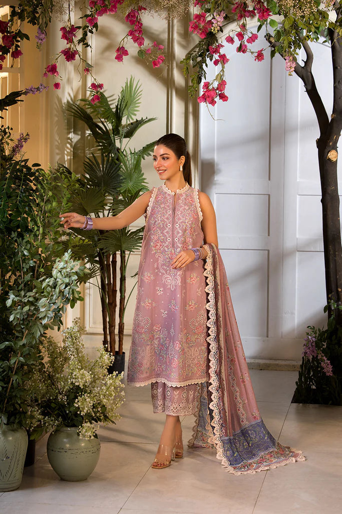 Model wearing Sobia Nazir Vital 2025 Design 3B in soft mauve with intricate embroidery. Shop Pakistani luxury pret clothes online in UK.