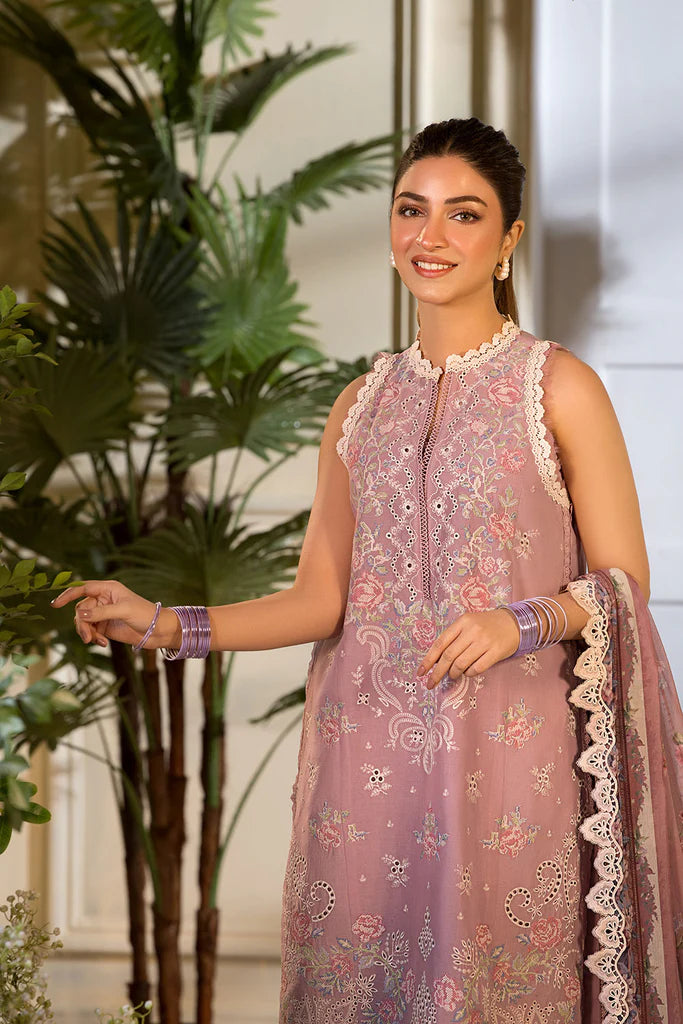 Model wearing Sobia Nazir Vital 2025 Design 3B in soft mauve with intricate embroidery. Shop Pakistani luxury pret clothes online in UK.