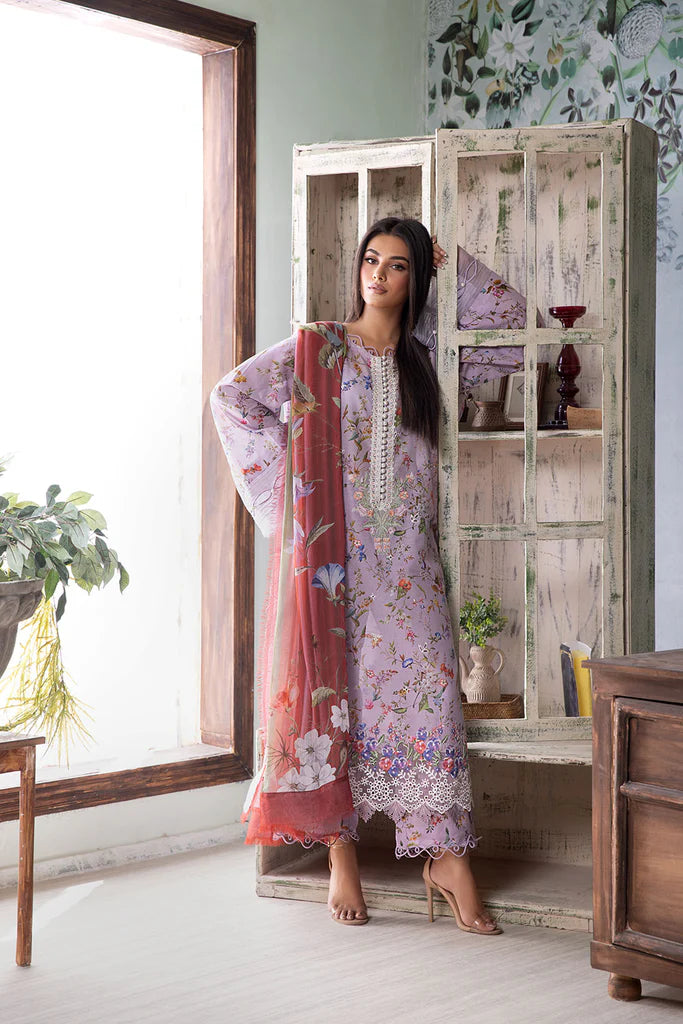 Model wearing lilac Design 3B outfit from Sobia Nazir Vital '25 Vol. 2, Pakistani luxury pret and Pakistani clothes online in UK.