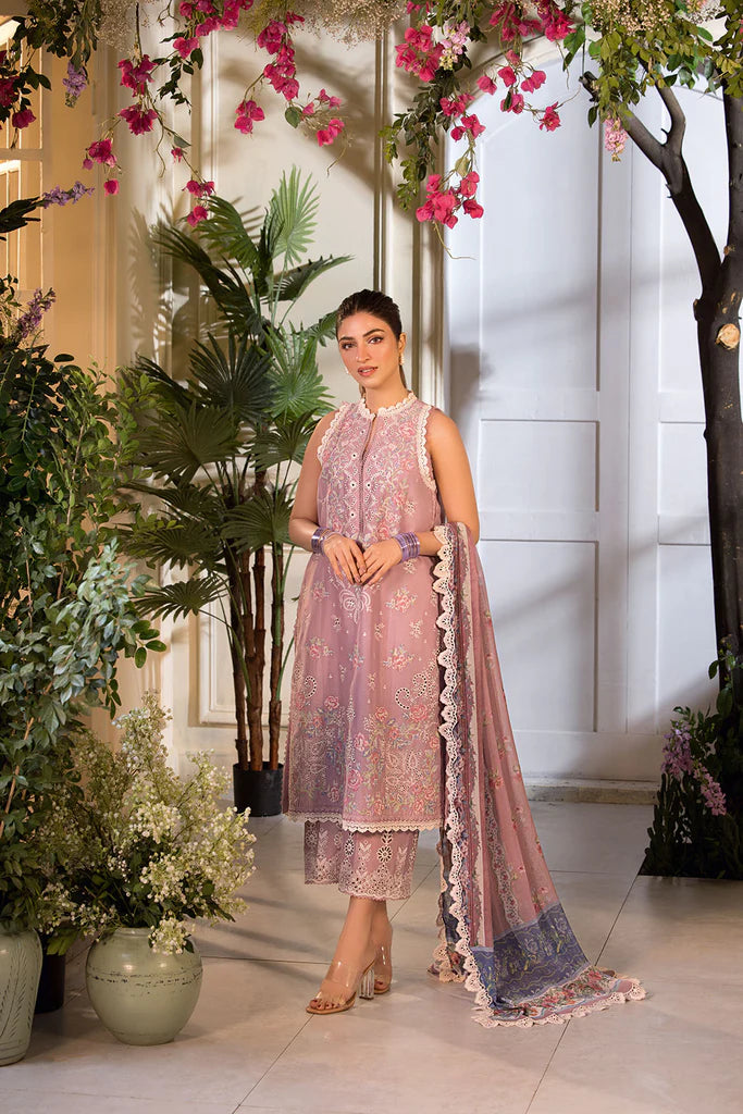 Model wearing Sobia Nazir Vital 2025 Design 3B in soft mauve with intricate embroidery. Shop Pakistani luxury pret clothes online in UK.