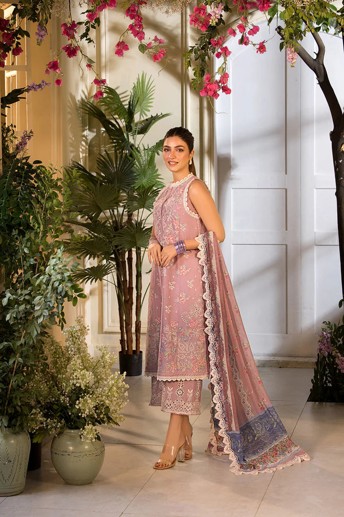 Model wearing Sobia Nazir Vital 2025 Design 3B in soft mauve with intricate embroidery. Shop Pakistani luxury pret clothes online in UK.