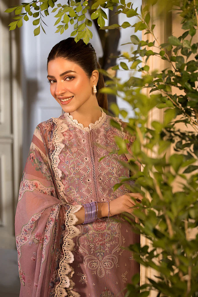 Model wearing Sobia Nazir Vital 2025 Design 3B in soft mauve with intricate embroidery. Shop Pakistani luxury pret clothes online in UK.
