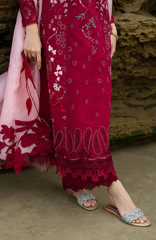 Model wearing deep red embroidered dress with pink dupatta from Soraya Noa Summer Casual Pret 2025 Carmine. Pakistani luxury pret in UK.