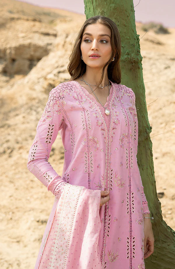 Model wearing blush pink embroidered dress with delicate mirror work and lace detailing from Soraya Noa Summer Casual Pret 2025 Chloe. Pakistani clothes online UK.