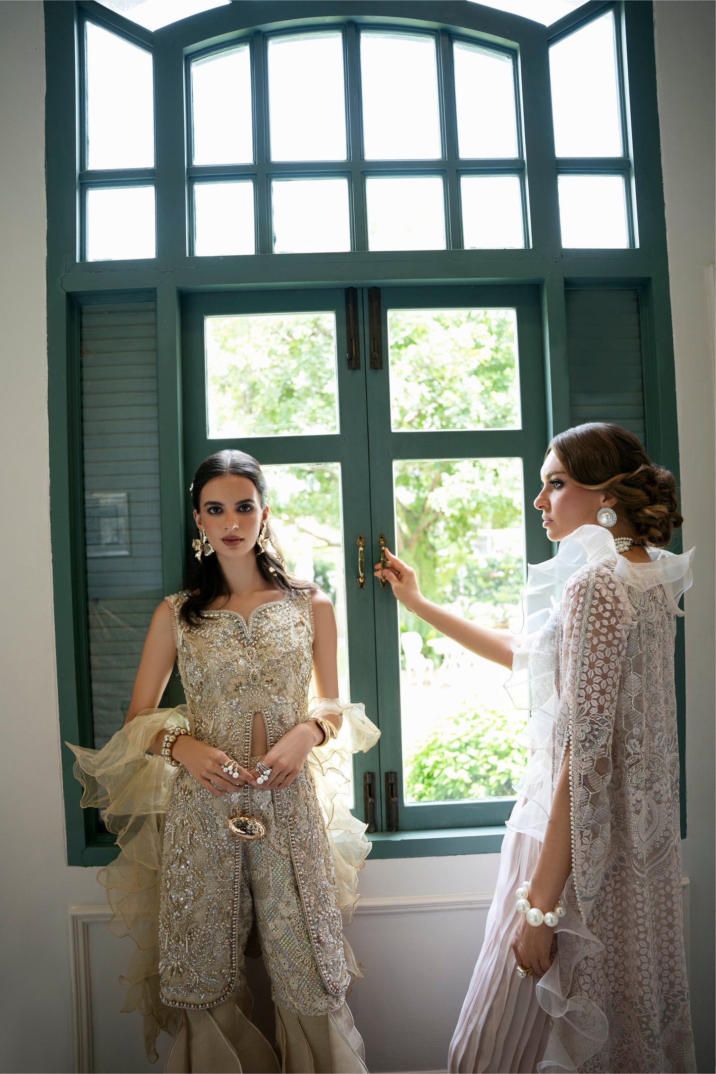 Model wearing Fifi from Mysie by Tahira, a beige embellished outfit with flared pants, perfect for Pakistani luxury pret in the UK.